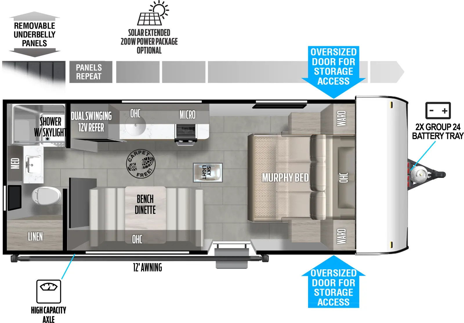 The Wildwood FSX 167RBK floorplan has one entry and zero slide outs. Exterior features include: fiberglass exterior and 12' awning. Interiors features include: front bedroom, murphy bed, front living and rear bathroom.